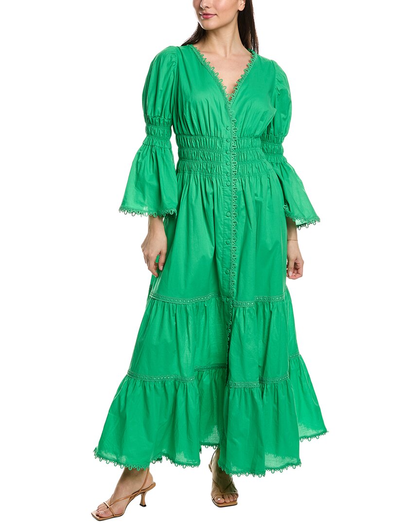 Charo Ruiz Lipa Lace-trimmed Shirred Cotton-blend Poplin Maxi Dress In Green