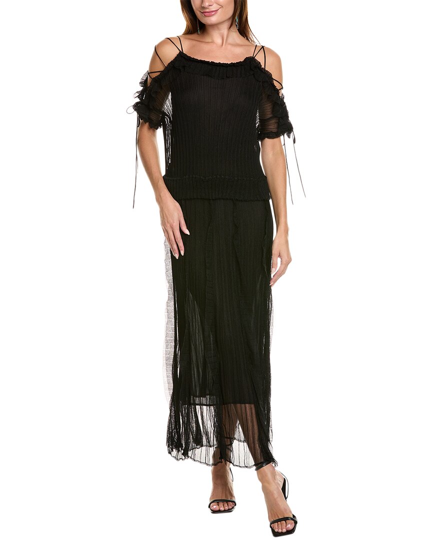 Valentino Pleated Cold-shoulder Silk-blend Maxi Dress In Black