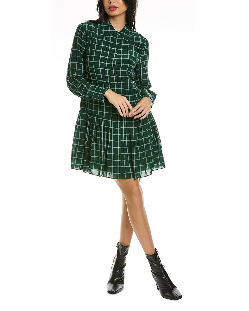 Rebecca Taylor Windowpane Pleated Silk Shirtdress In Green | ModeSens