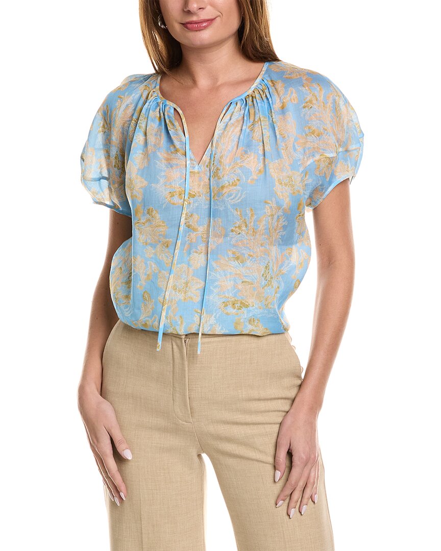 Shop Lafayette 148 New York Pleated Neck Blouse In Blue