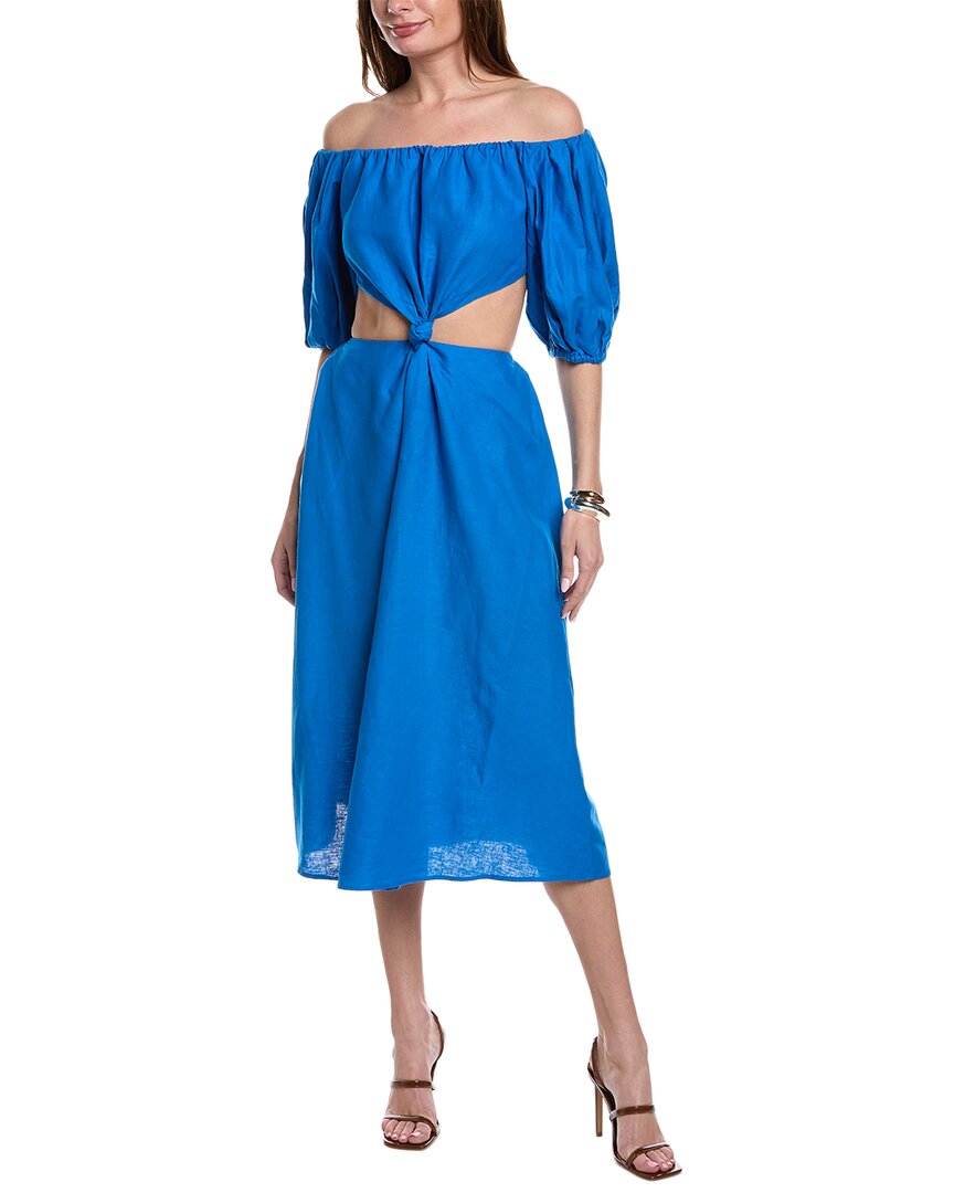 Shop Farm Rio Cutout Waist Linen-blend Midi Dress In Blue