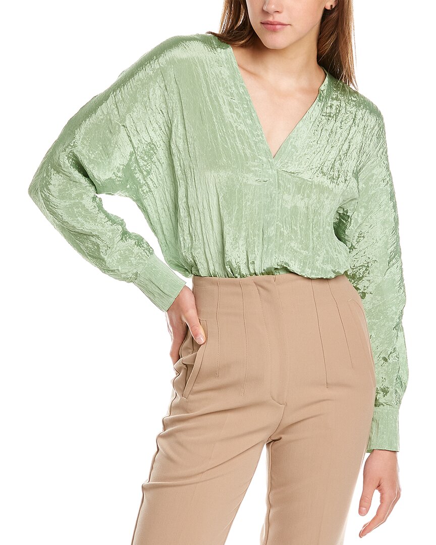 Vince Crushed Satin Long Sleeve Blouse In Green