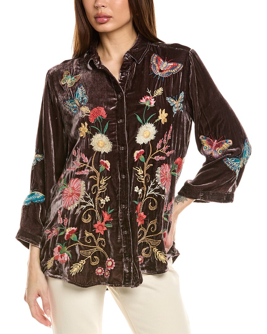 Johnny Was Velvet Kimono Sleeve Silk-blend Shirt In Brown