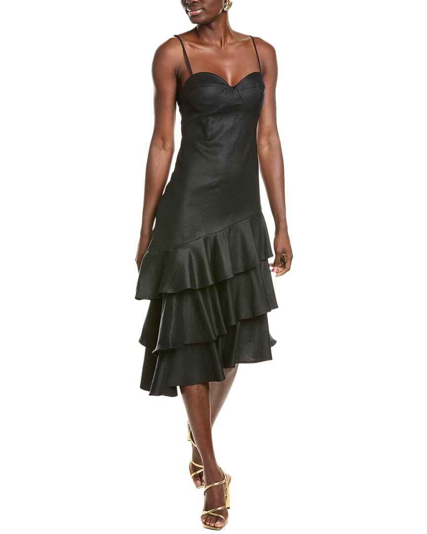 Bcbgmaxazria Asymmetrical Ruffle Linen-blend Cocktail Dress In Black