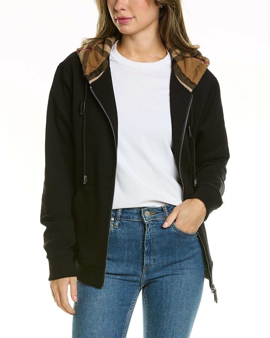 Burberry Poulter Check Hood Cotton Zip Hoodie In Black