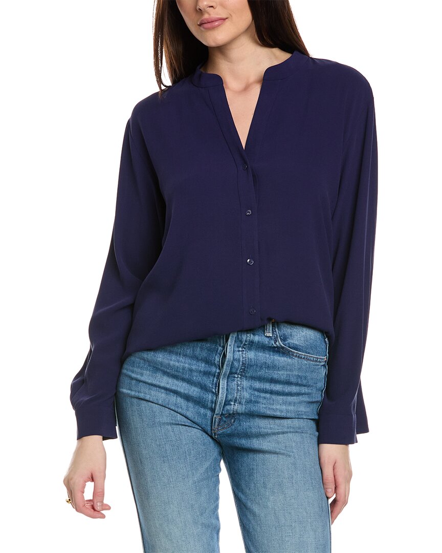 Shop Eileen Fisher Mandarin Collar Silk Shirt In Blue