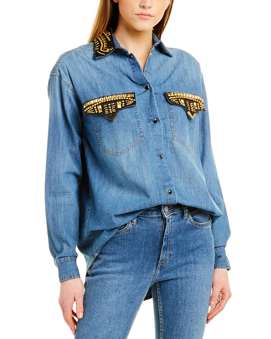 Image of The Kooples Embroidered Denim Leather-Trim Shirt