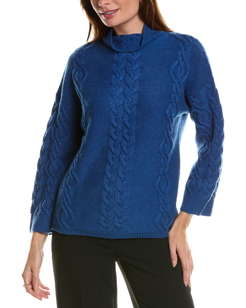 Forte Cashmere Placed Cable Funnel Neck Wool & Cashmere-blend Sweater In Blue