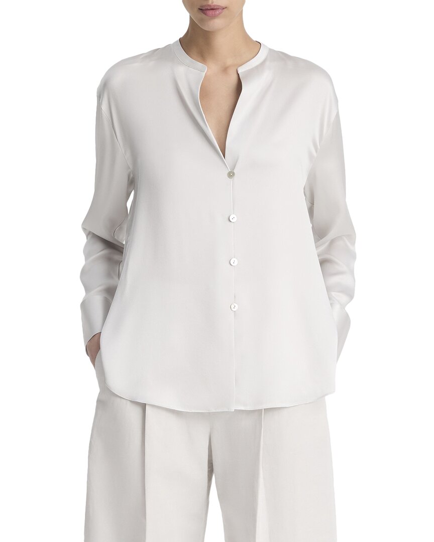 Vince Band-collar Long-sleeve Silk Blouse In Green