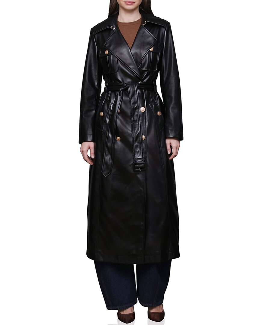 Avec Les Filles Belted Faux Leather Utility Trench Coat In Black