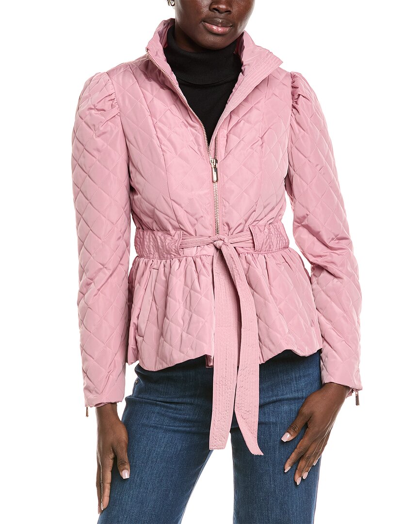 Kensie Quilted Puff Sleeved Belted Jacket In Pink