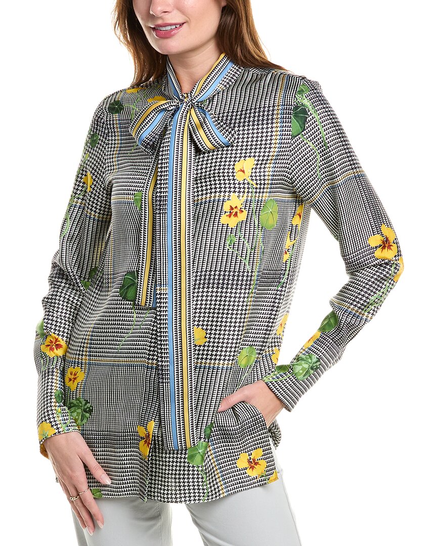 Oscar De La Renta Nasturtium Plaid Silk Twill Tie Shirt In White