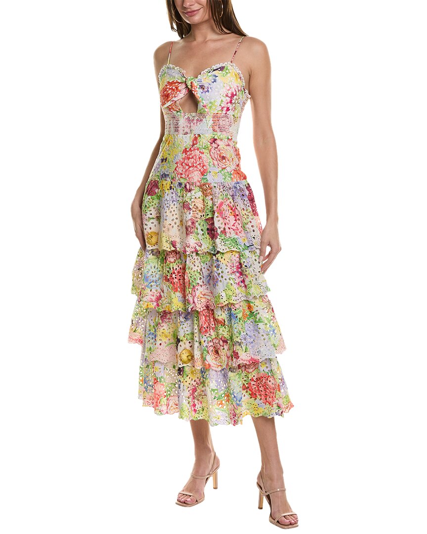 Alice And Olivia Fina Floral Embroidered Eyelet Ruffle Tiered Midi Dress In White