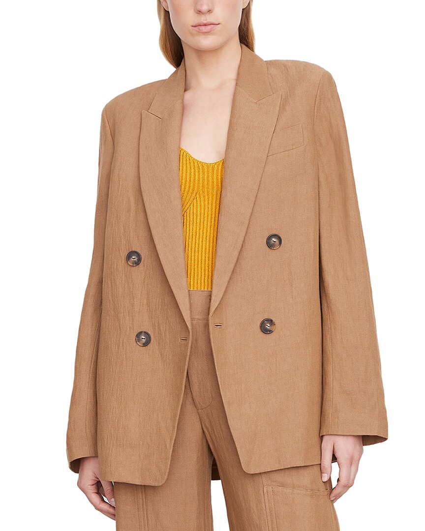 Vince Double-breasted Linen-blend Boyfriend Blazer In Brown