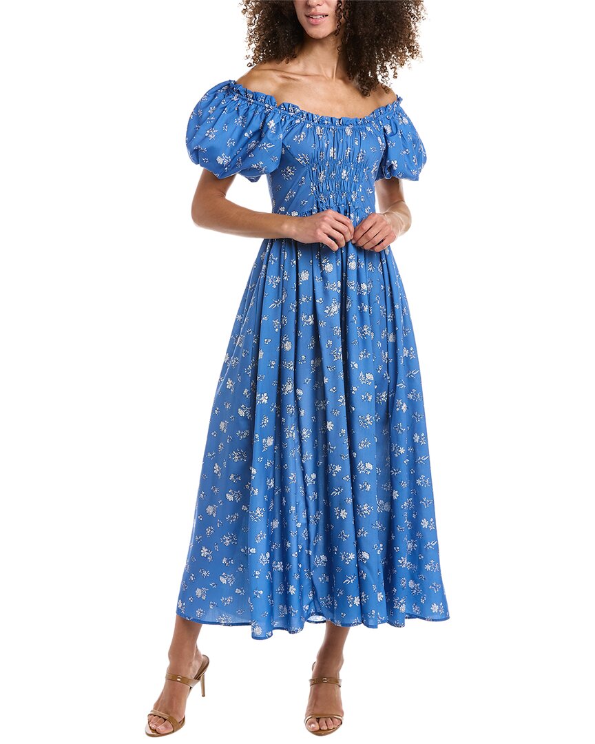 Beulah Puff Sleeve Midi Dress In Blue