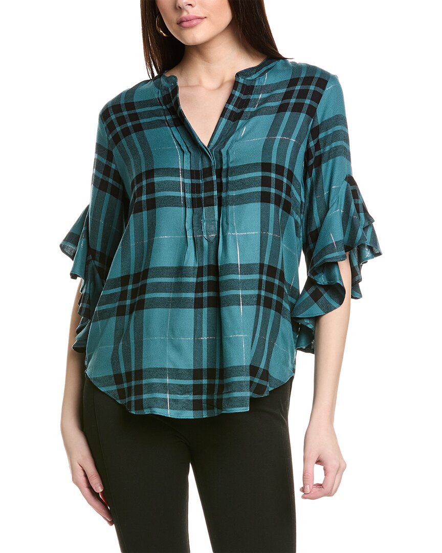Shop Vince Camuto Ruffle Sleeve Henley Blouse In Green