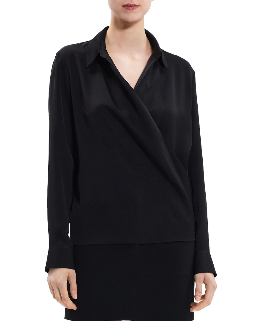 Shop Theory Wrap Silk Blouse In Black