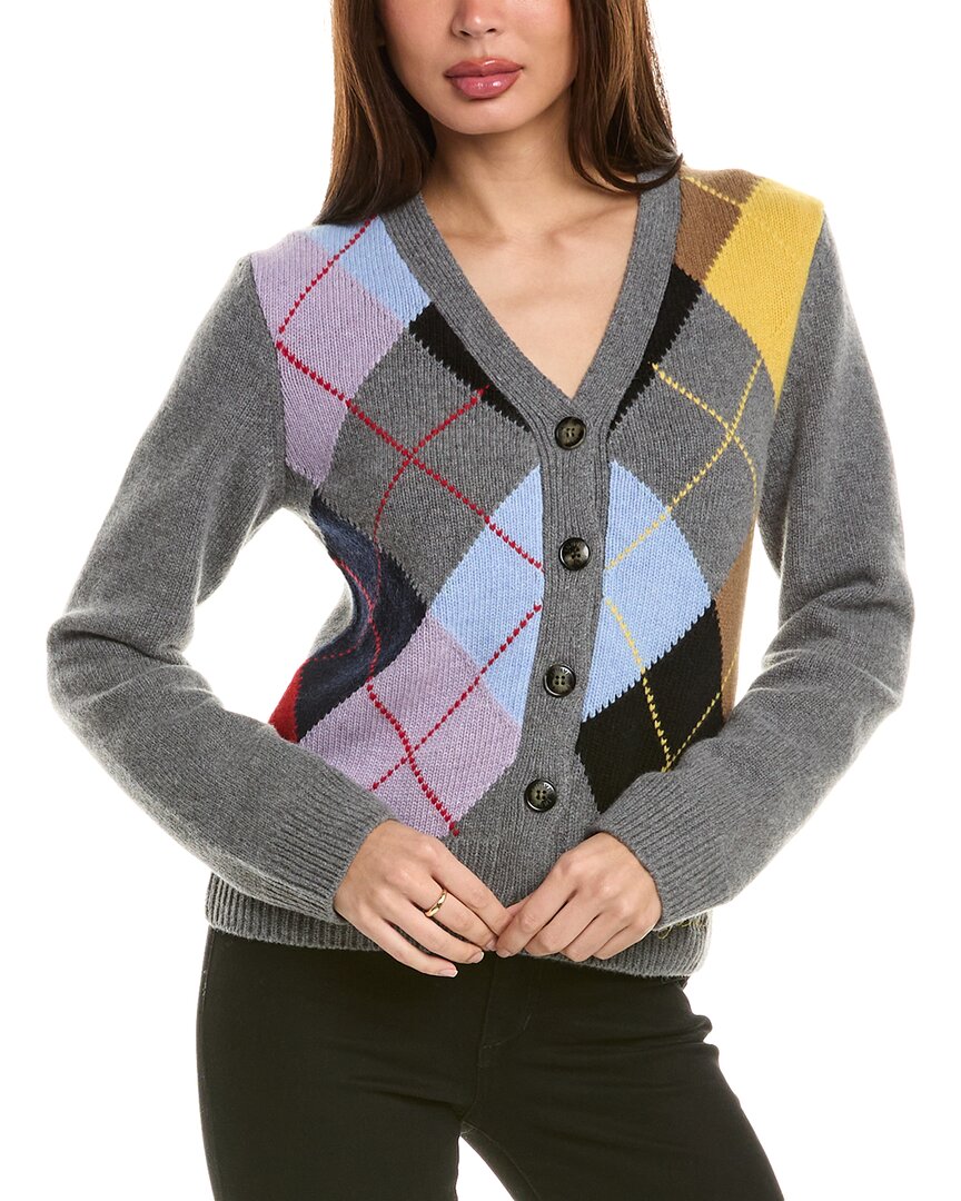 Ganni Harlequin Wool Blend Knit Cardigan In Grey