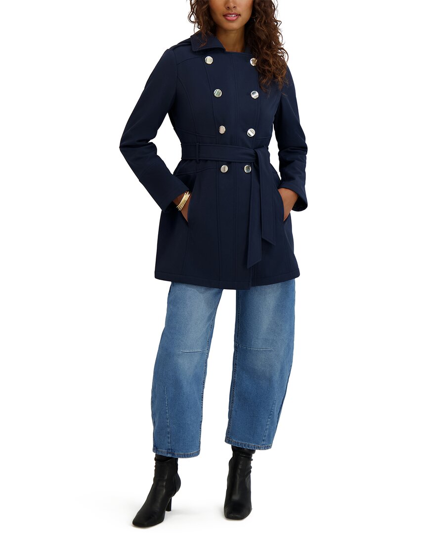 Kensie Double Breasted Softshell Jacket In Navy