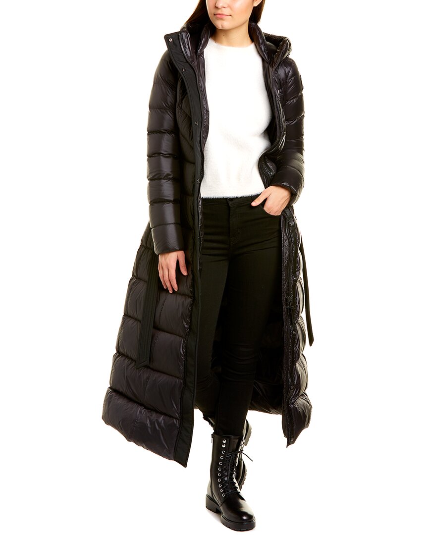 Mackage Long Hooded Quilted Down Jacket With Belt In Black