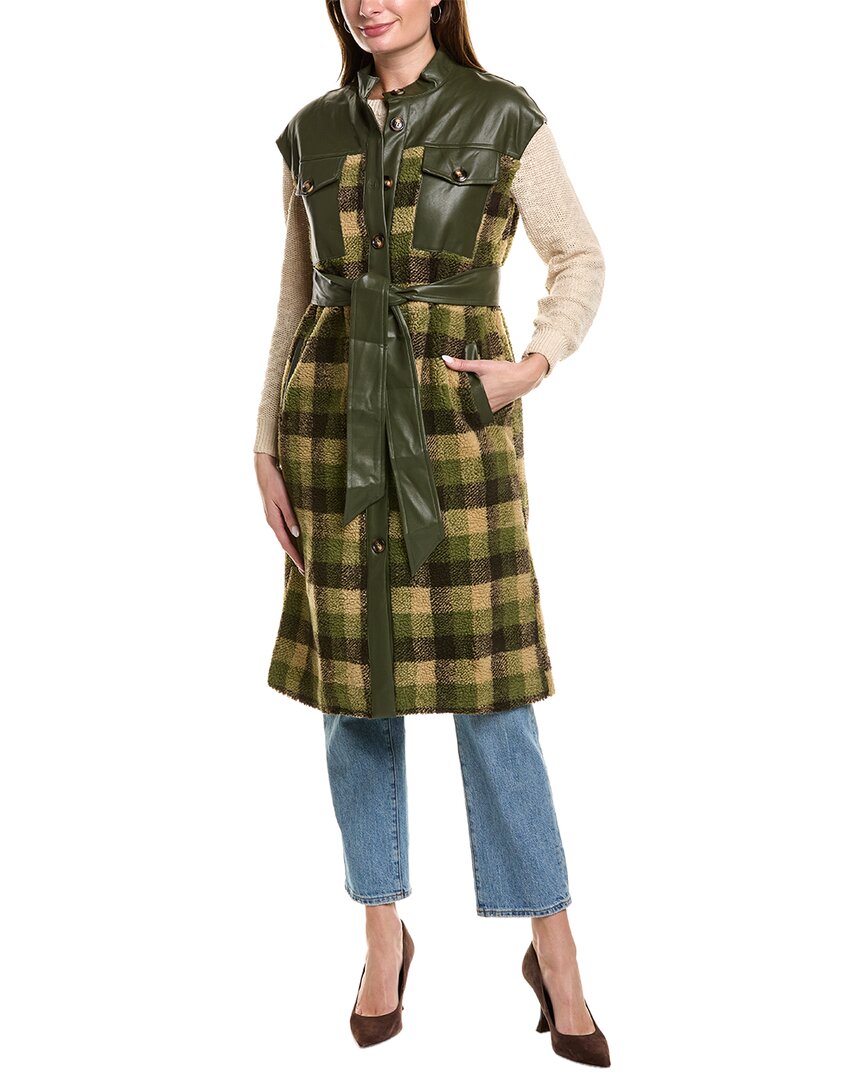 Shop Gracia Checked Long Vest In Green