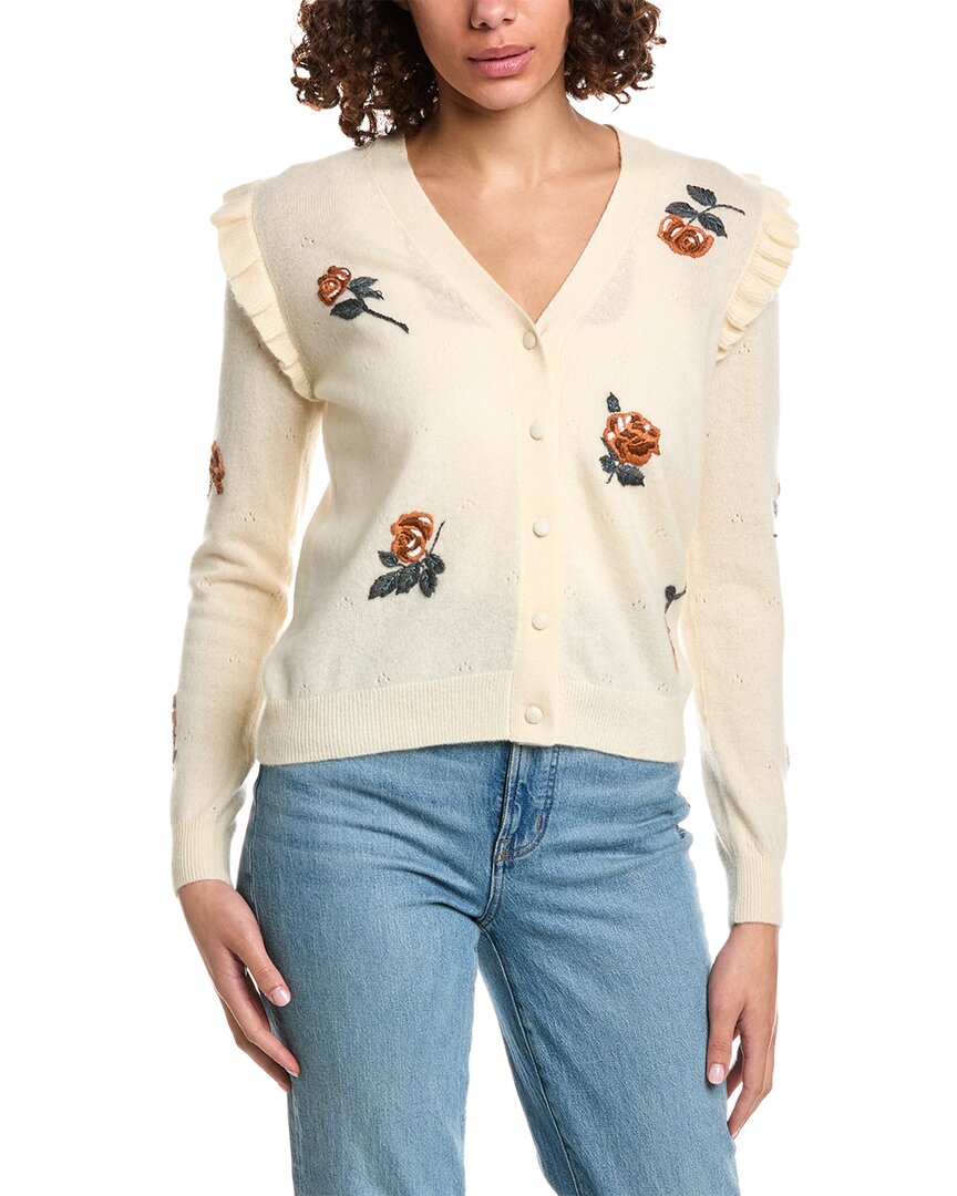 Shop Minnie Rose Embroidered Flower Ruffled Cashmere Cardigan In White
