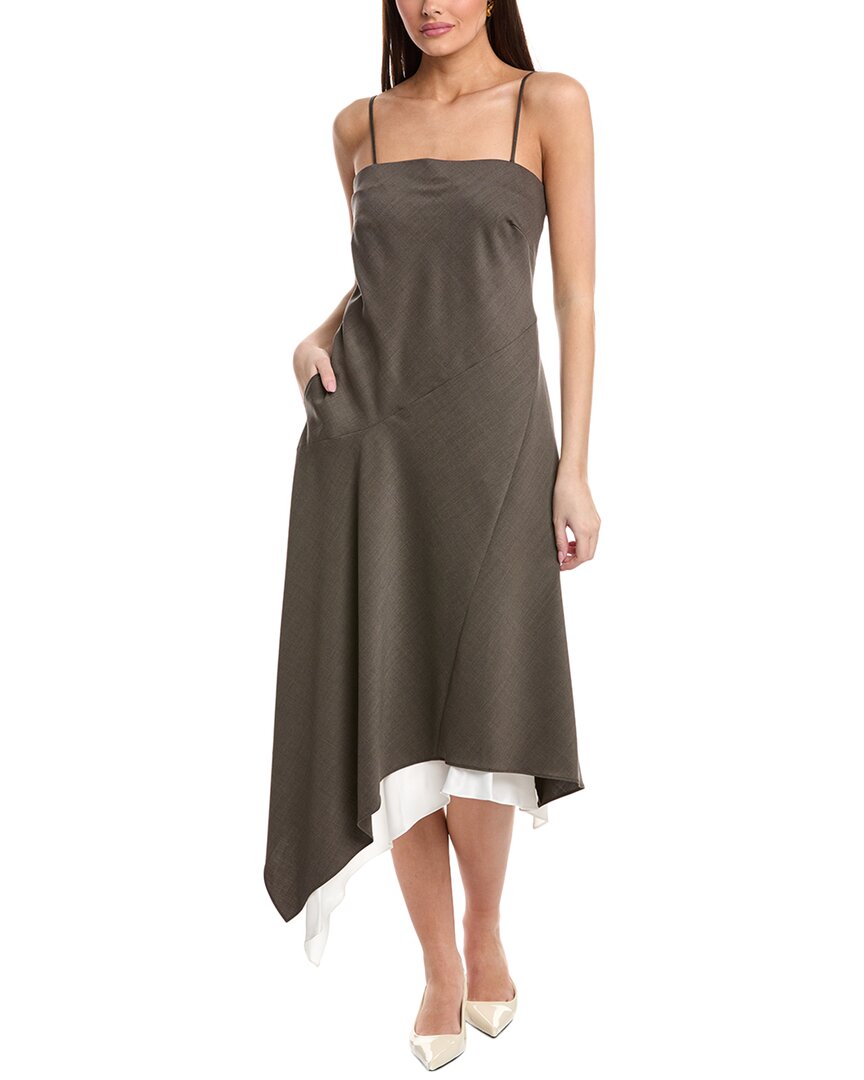 Helmut Lang Asymmetric Layered Wool Midi Dress In Brown