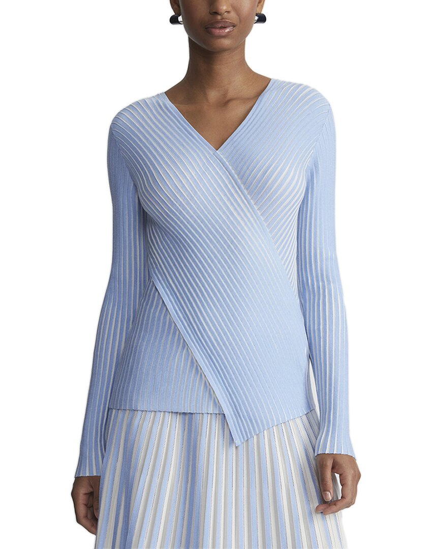 Lafayette 148 New York Printed Wrapped Front V-neck Silk-blend Sweater In Blue