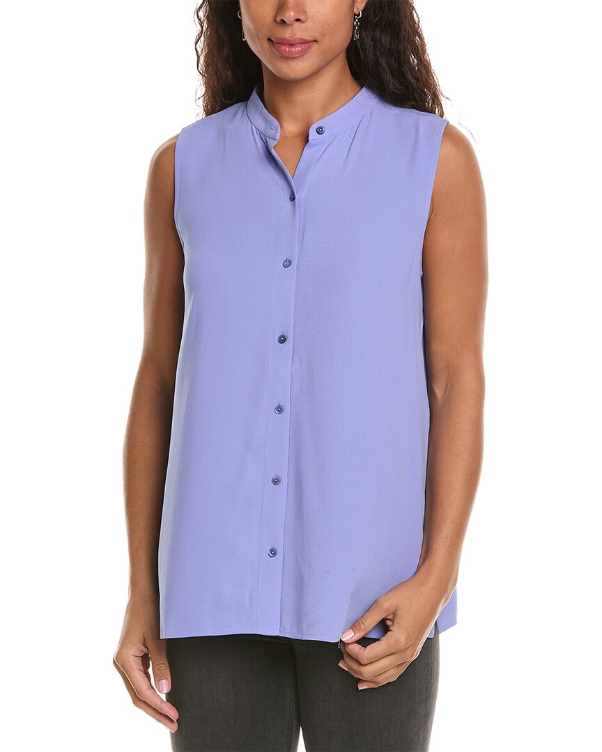 Shop Eileen Fisher Petite Sleeveless Silk Shirt In Blue