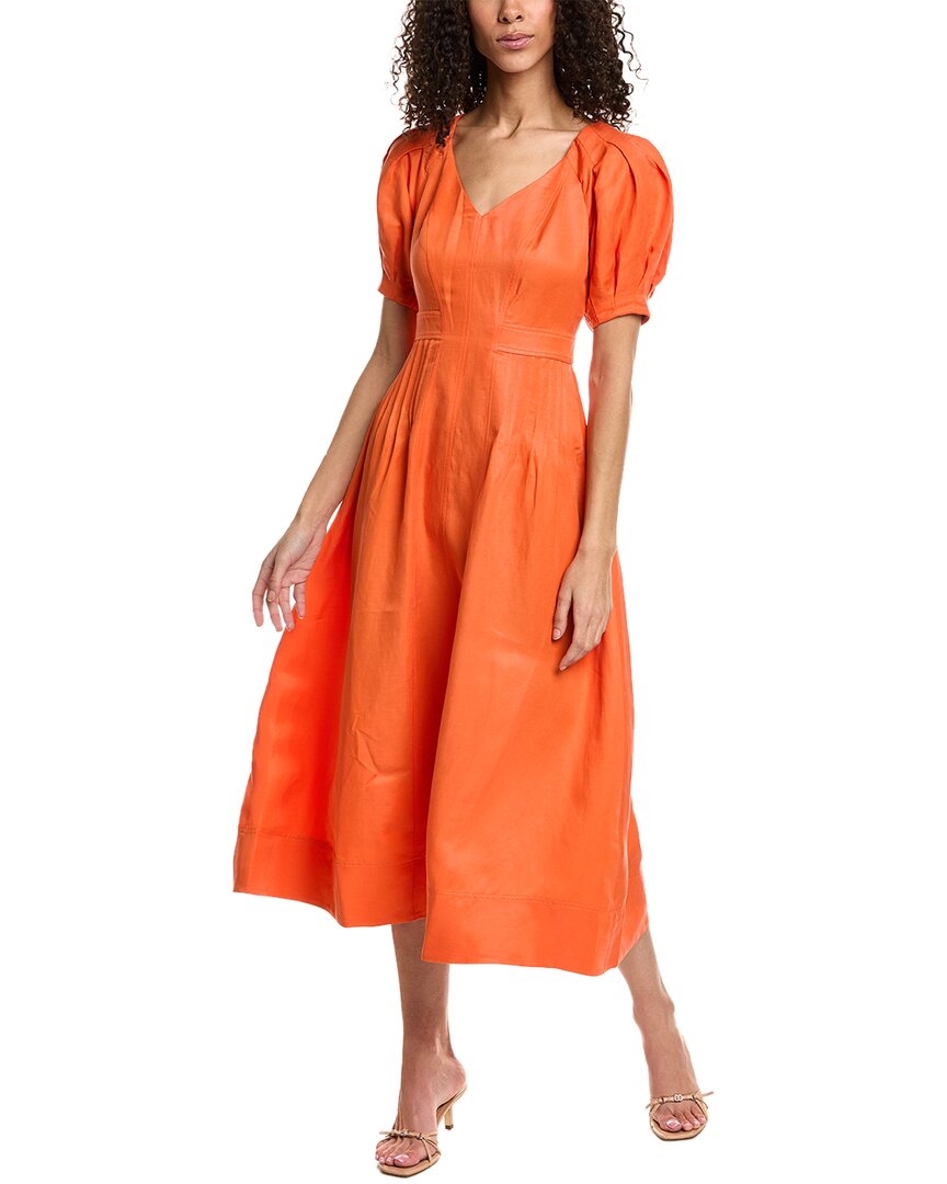 Shop Ted Baker Fit & Flare Puff Sleeve Linen-blend Midi Dress In Orange