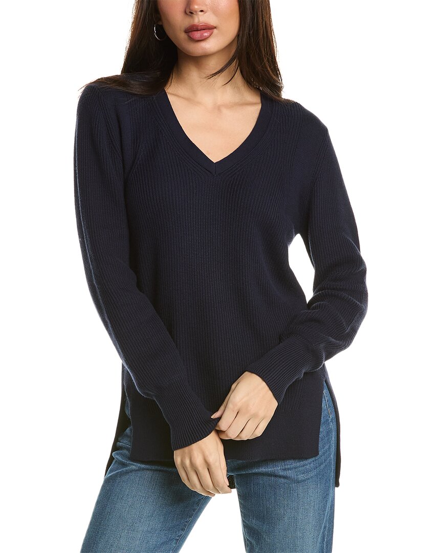 Shop Forte Cashmere Rib High-low V-neck Shirt In Navy