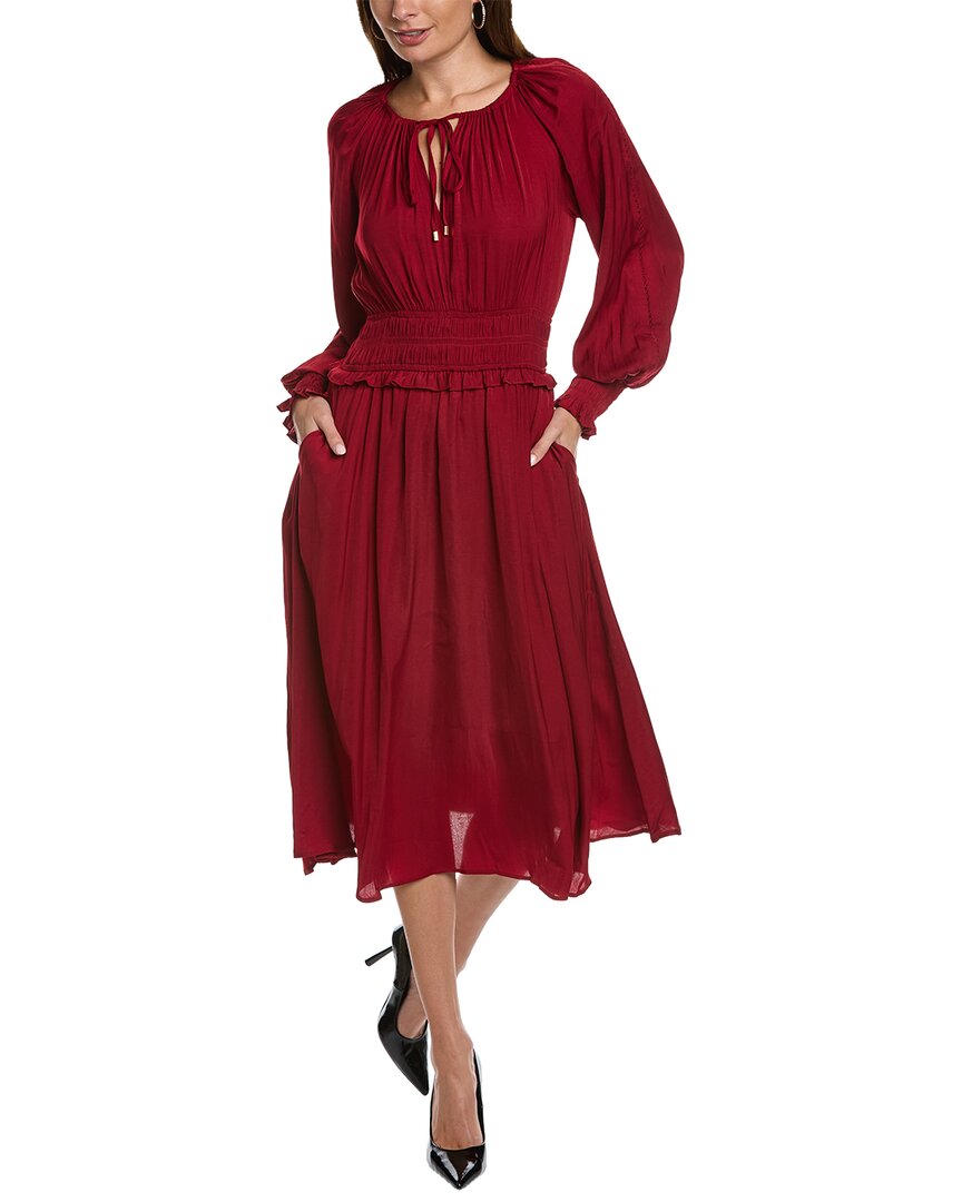 Shop T Tahari Split Neck Airflow Midi Dress In Red
