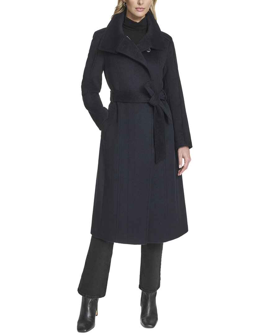 Cole Haan High Neck Slick Wool-blend Belted Coat In Blue