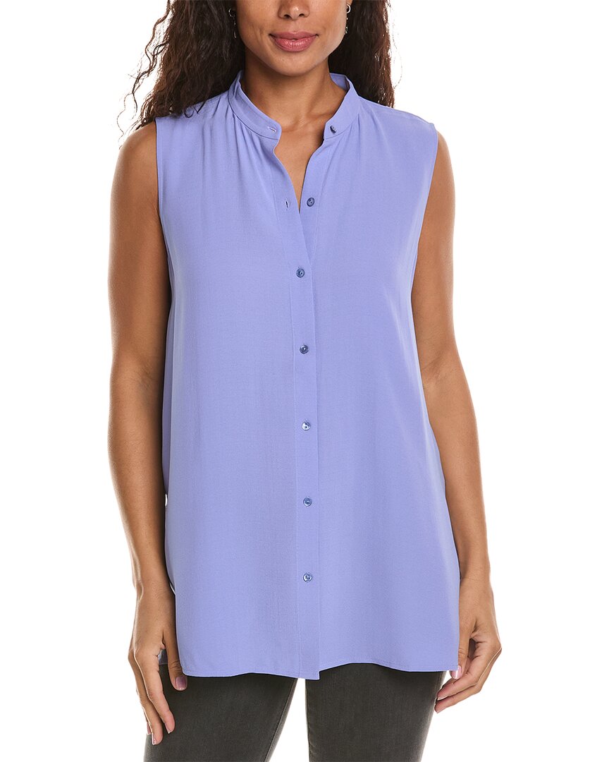 Shop Eileen Fisher Sleeveless Silk Shirt In Blue