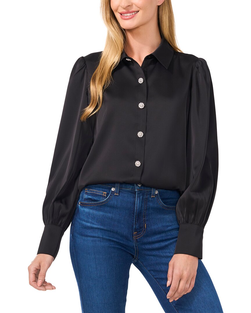 Cece Long Sleeve Blouse With Rhinestone Buttons & Exaggerated Collar In Black