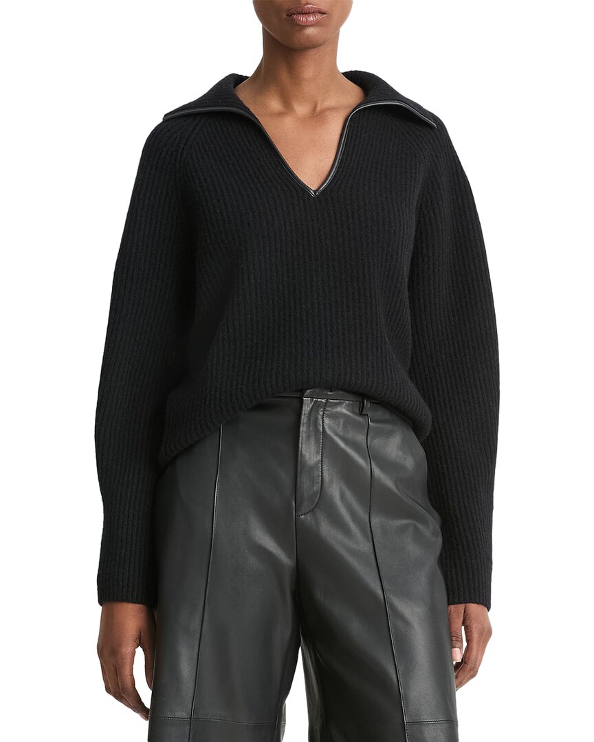 Shop Vince Leather Trim Ribbed Wool & Cashmere-blend Polo Shirt