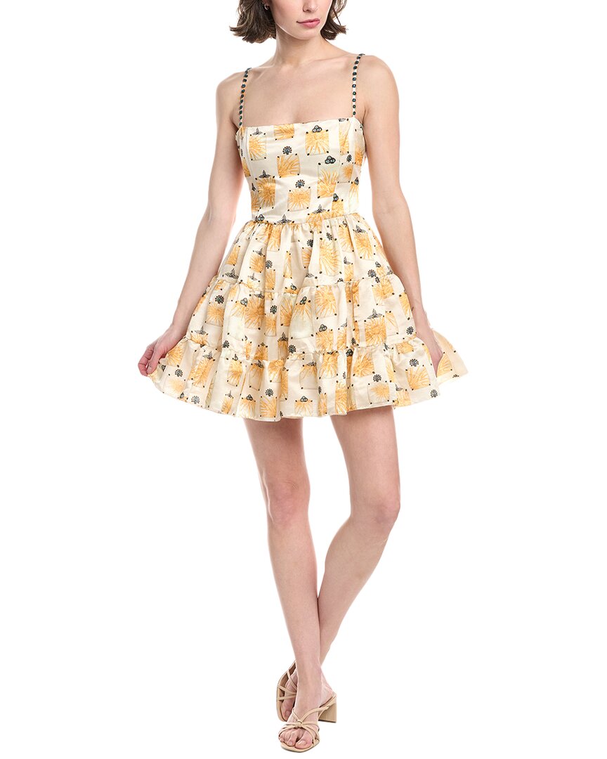 Agua By Agua Bendita Lima Tiered Printed Linen And Silk-blend Faille Mini Dress In Beige