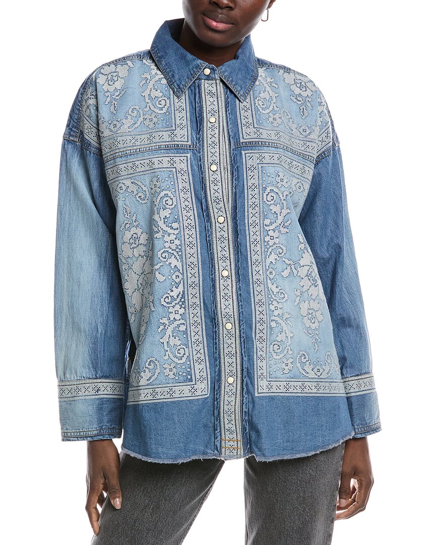 Free People Embroidered Oversize Denim Snap-up Shirt In Blue