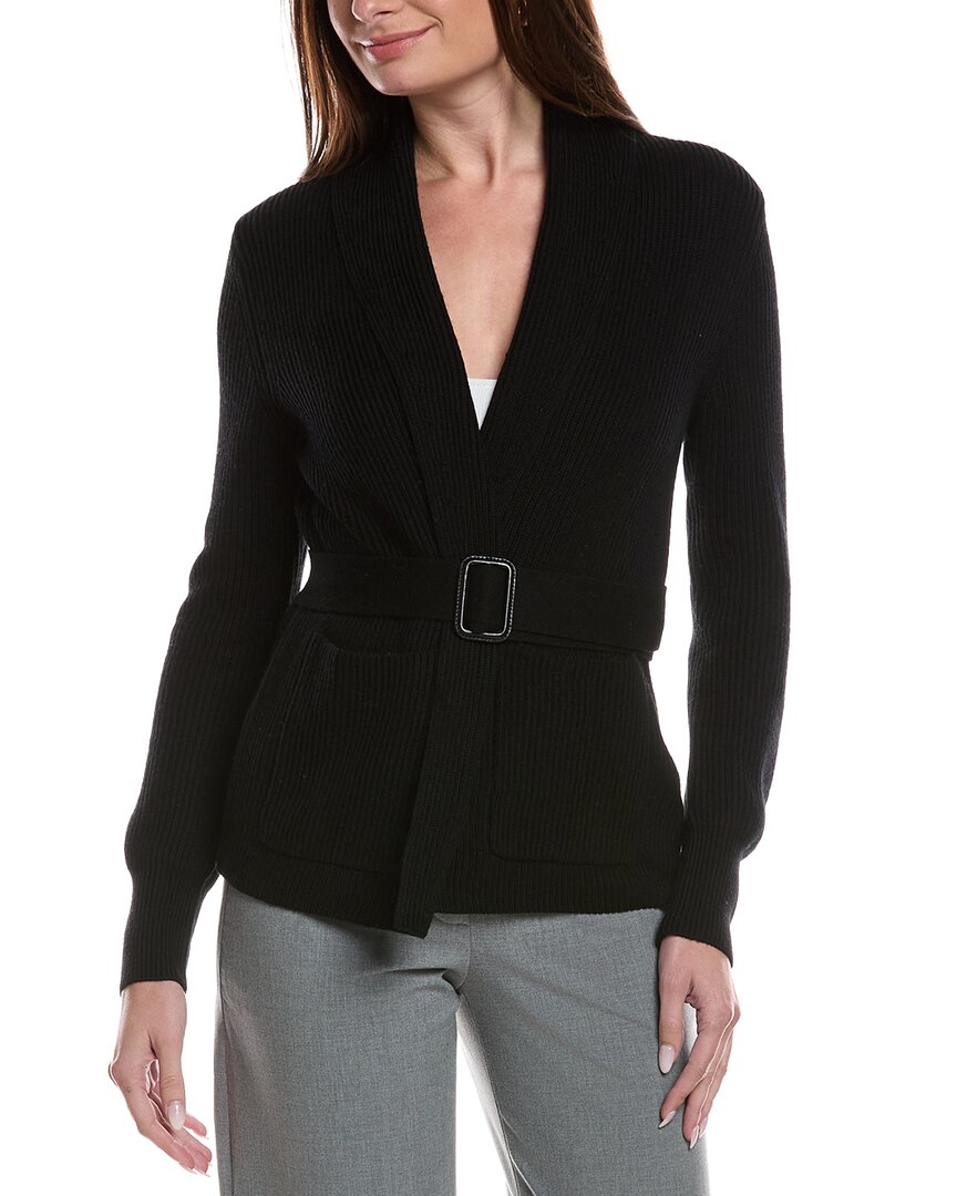 Bruno Magli Merino Wool Ribbed Belted Shawl Cardigan In Black