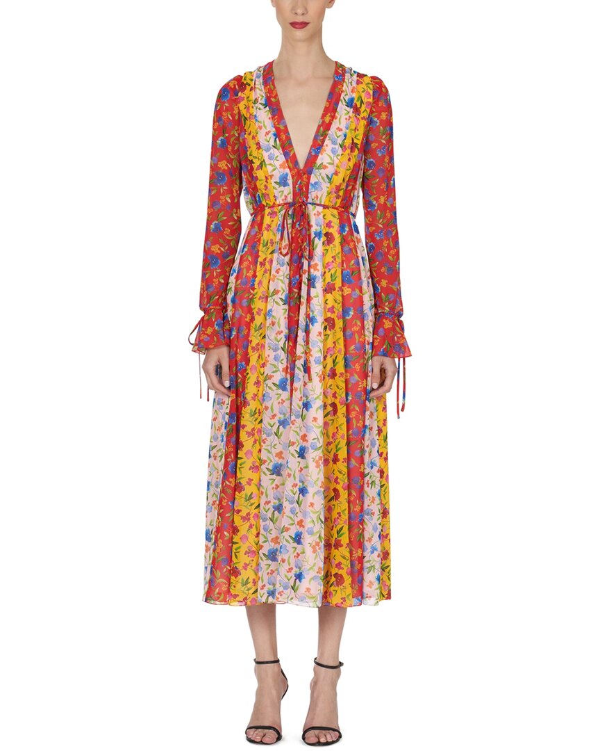 Carolina Herrera Mixed Floral Stripe Long Sleeve Chiffon Midi Dress