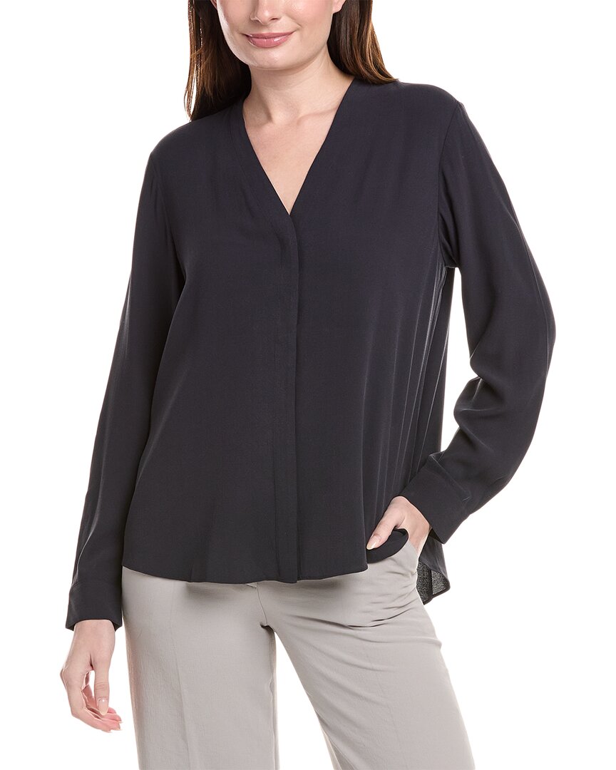 Eileen Fisher V-neck Silk Shirt In Blue