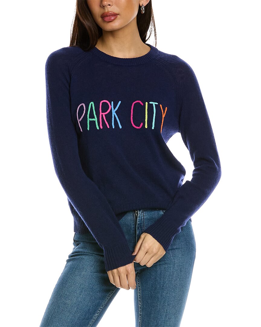 Shop Hannah Rose Park City Embroidery Crewneck Cashmere Pullover In Blue