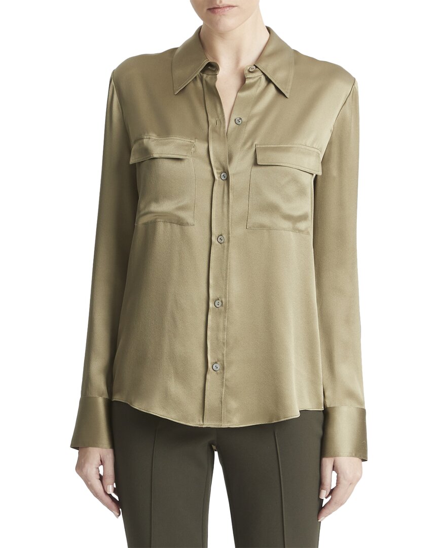 Vince Chest Pocket Silk Blouse In Green
