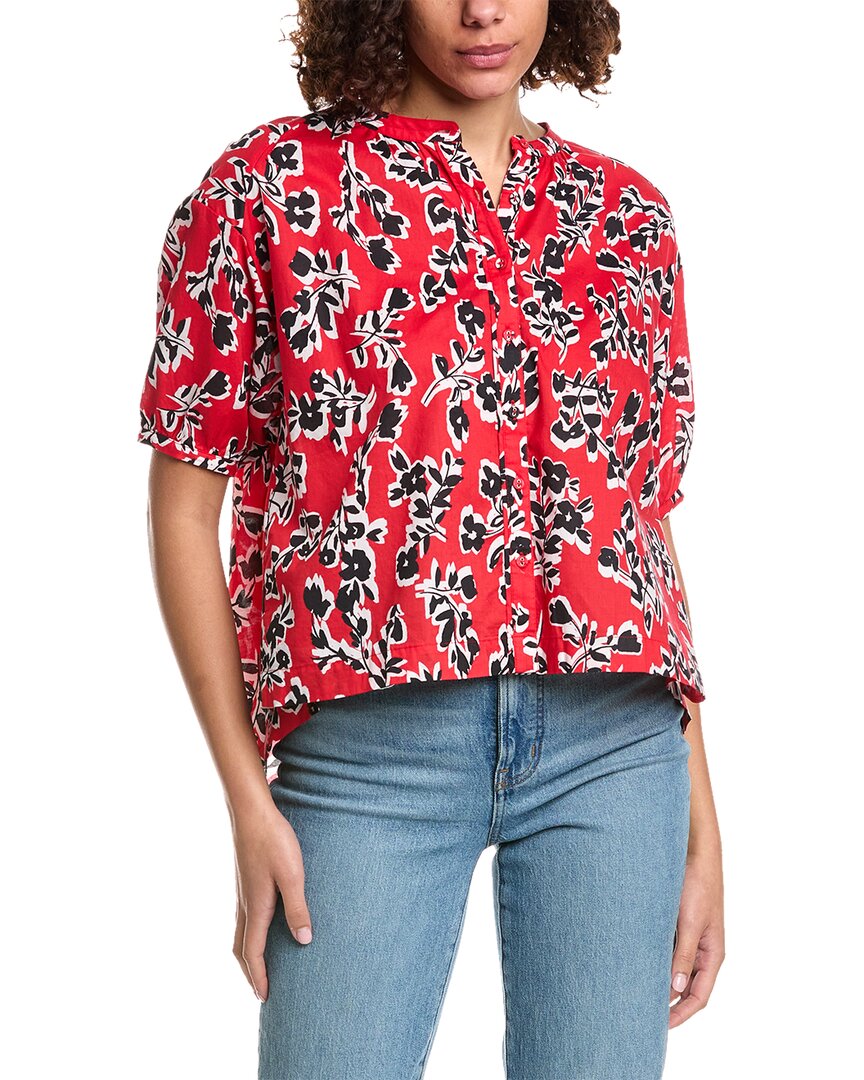 Shop Johnny Was Shirred Neck Button-down Blouse In Red