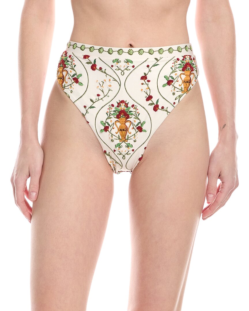 Agua By Agua Bendita Gualanday Remedios Hand Embroidered Bikini Bottom In Off White-green-red In Pink