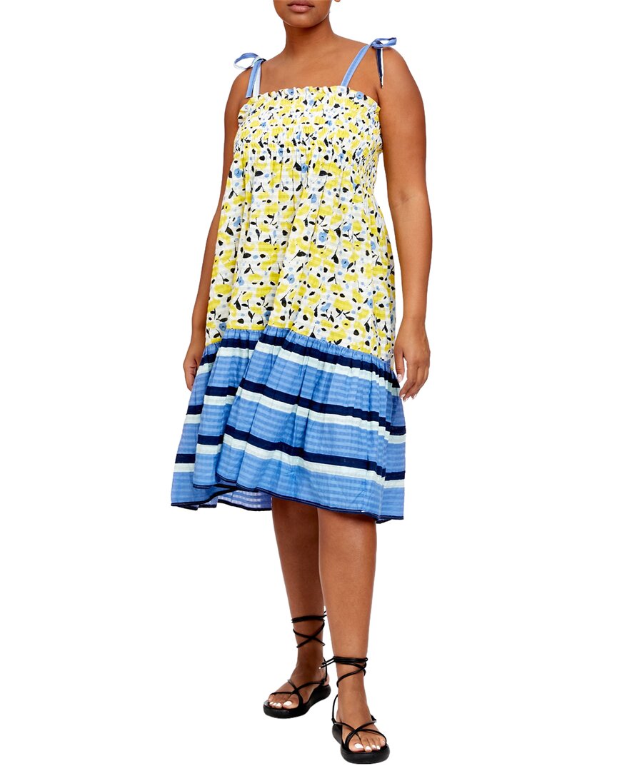 Tanya Taylor Leandra Mixed-print Smocked Midi Dress In Nocolor