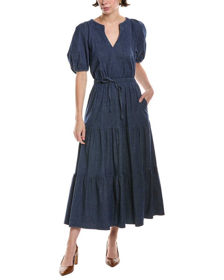 Anne Klein Petite Puff-sleeve Tiered Denim Midi Dress In Blue