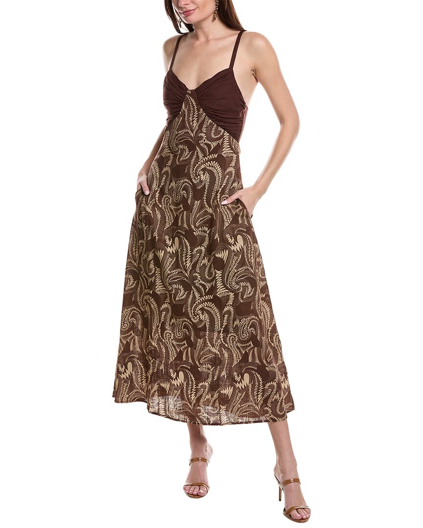 Shop Reveriee Linen-blend Maxi Dress In Brown