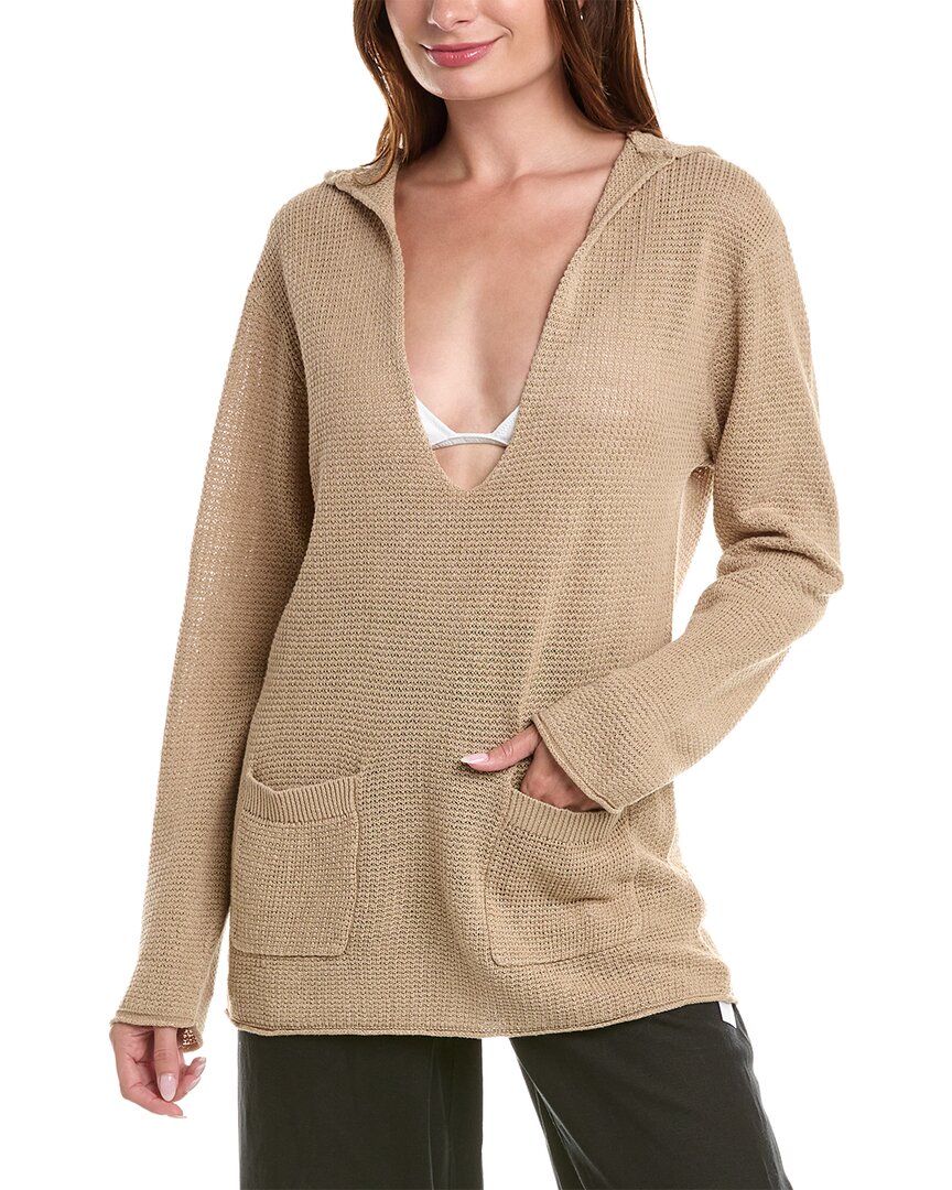 Onia Linen Knit V-neck Hoodie In Brown