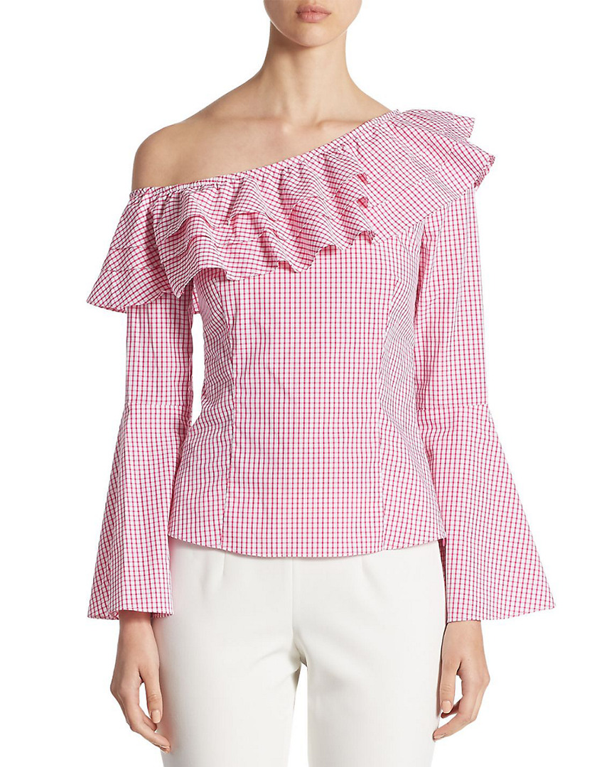 Image of Crosley Ruffled Gingham One-Shoulder Bell-Sleeve Top